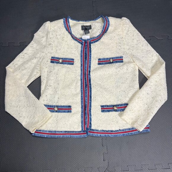 Gracia Jackets & Blazers - Gracia Womens Ivory Trim Lace Jacket L With Blue & Red Accent Trim